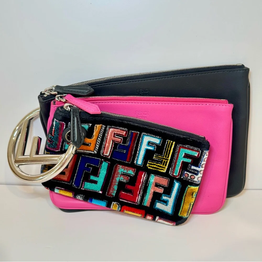 Rare Fendi FF Logo Triplette Multicolor Leather Clutch Bag W Silver Logo Handle